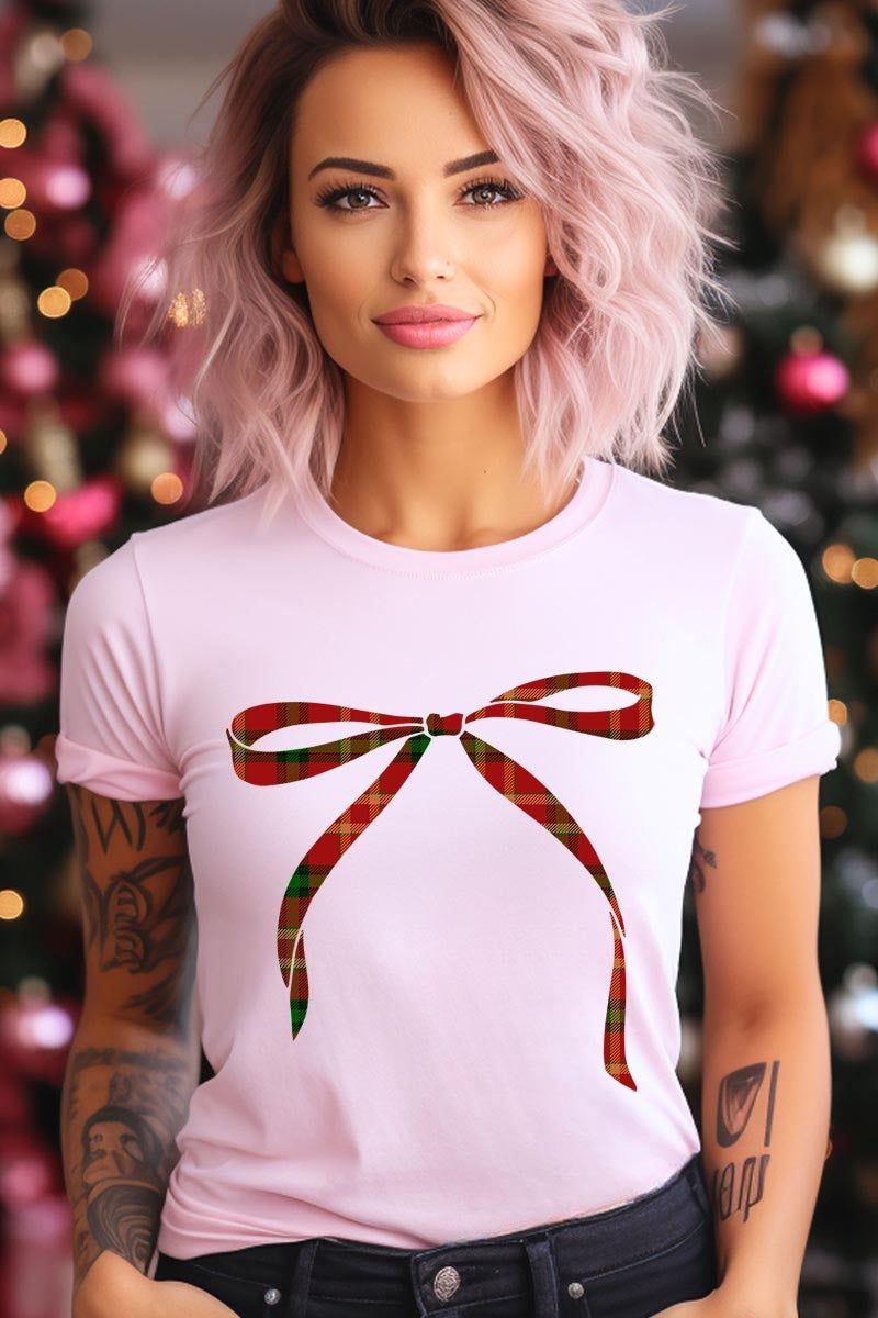 US3001P-E3211 Red Bow Christmas Graphic Plus Tee $16