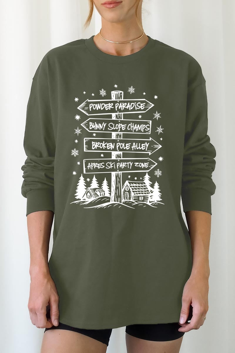 UL240P-E3189 Ski Lodge Signs Graphic Plus Long Sleeve Tee $17