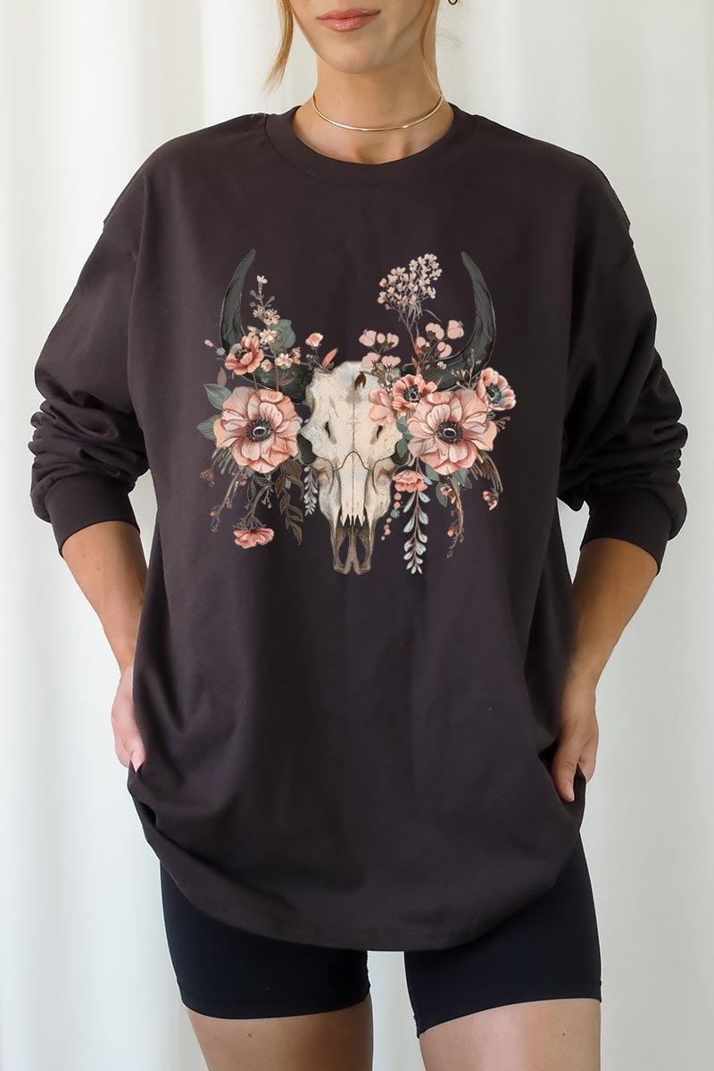 UL240-E3113 Western Skull Floral Graphic Long Sleeve Tee $13.75
