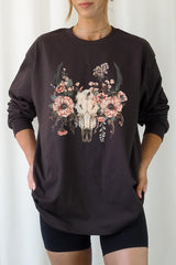 UL240-E3113 Western Skull Floral Graphic Long Sleeve Tee $13.75