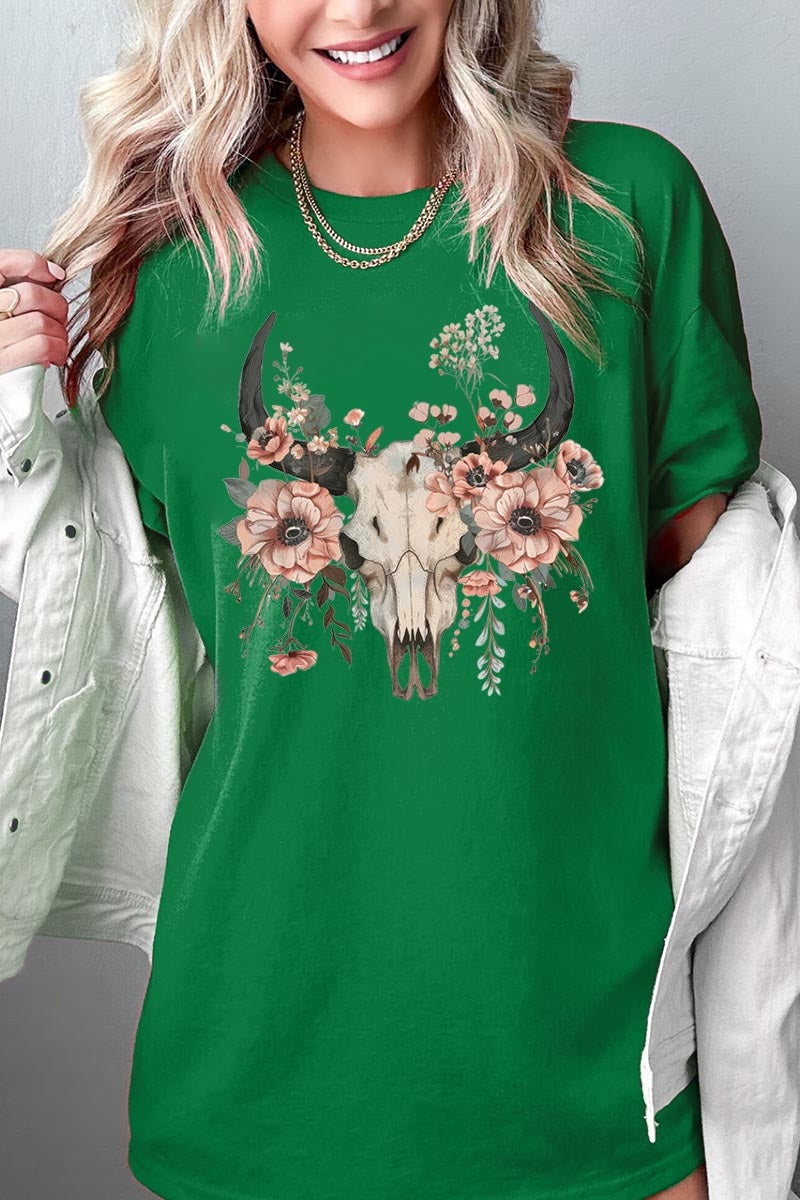 5000-E3113 Western Skull Floral Graphic Heavy Cotton Tee $9