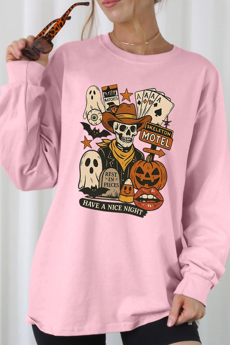 UL240-E3107 Spooky Western Skeleton Graphic Long Sleeve Tee $13.75