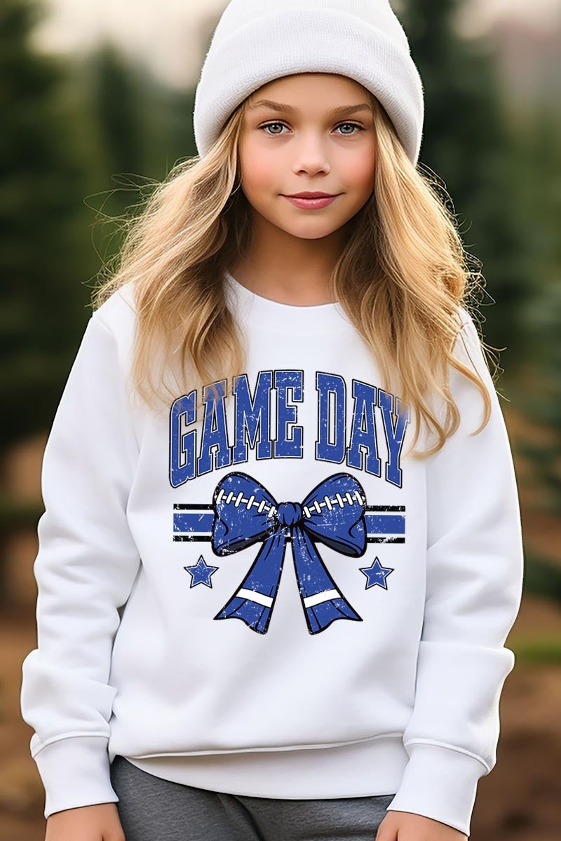 UL180B-E3065Z Blue Game Day Football Bow Kids Graphic Sweatshirt $20