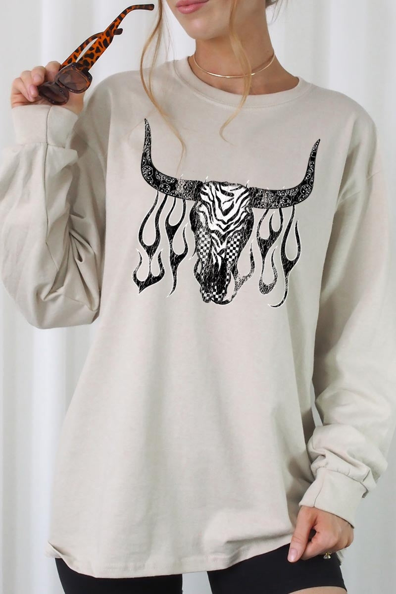 UL240-E3176 Western Bullskull Graphic Long Sleeve Tee $13.75