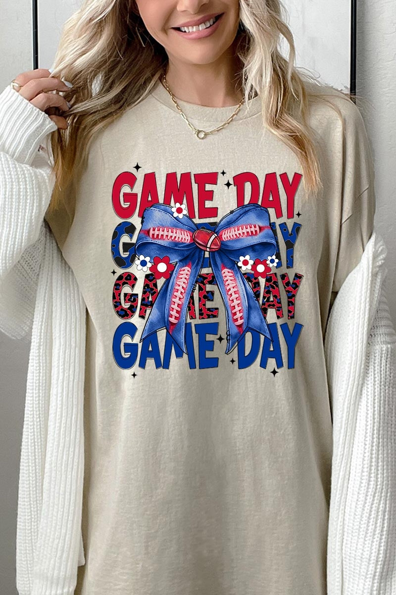 5000-E3087 Red Blue Football Game Day Bow Heavy Cotton Tee $9