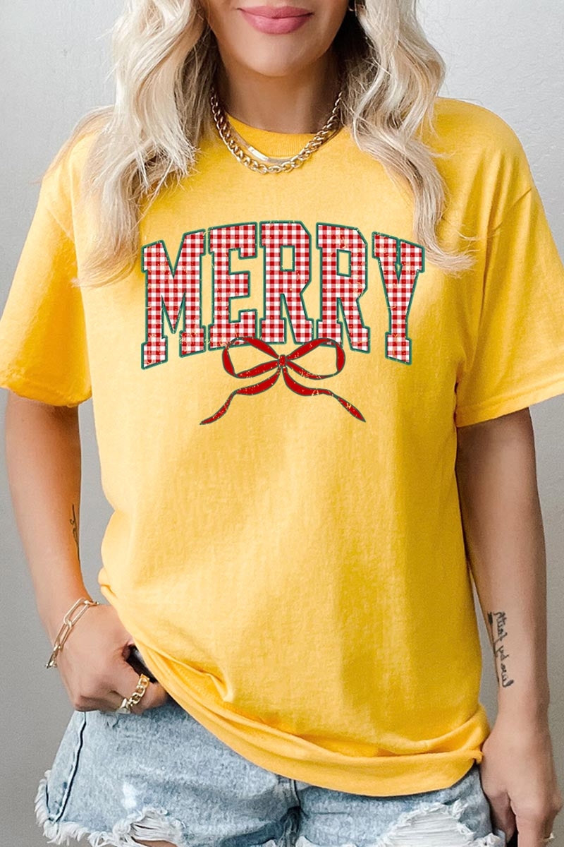 5000P-E3206 Plaid Merry Christmas Bow Graphic Plus Heavy Cotton Tee $12.75