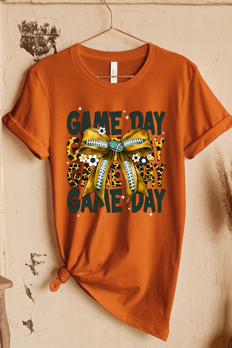 US3001P-E3090 Yellow Football Game Day Bow Graphic Plus Tee $16