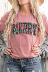 US3001P-E3210 Classic Plaid Merry Graphic Plus Tee $16
