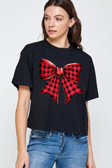 CTS-E3198 Red Buffalo Plaid Bow Graphic Relaxed Crop Top $11