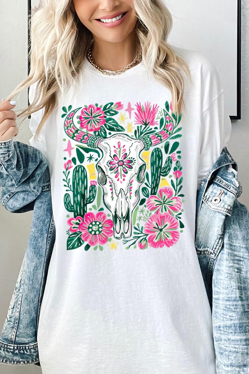 5000-E3086 Western Floral Cow Skull Graphic Heavy Cotton Tee $9