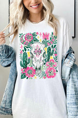 5000-E3086 Western Floral Cow Skull Graphic Heavy Cotton Tee $9