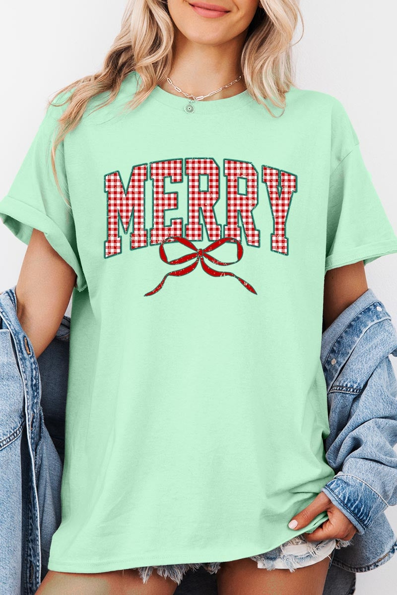 5000P-E3206 Plaid Merry Christmas Bow Graphic Plus Heavy Cotton Tee $12.75