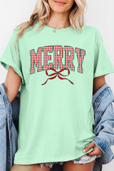 5000P-E3206 Plaid Merry Christmas Bow Graphic Plus Heavy Cotton Tee $12.75