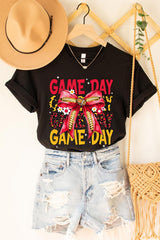 US3001-E3091 Red Yellow Football Game Day Bow Graphic Tee $12.5