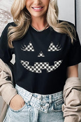 US3001-E3149 Checker Pumpkin Face Graphic Tee $12.5