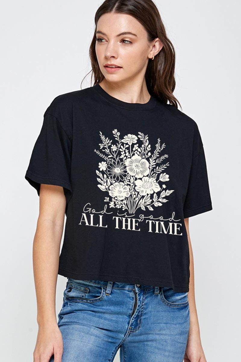 CTS-E3116 God Is Good Floral Graphic Relaxed Crop Top $11