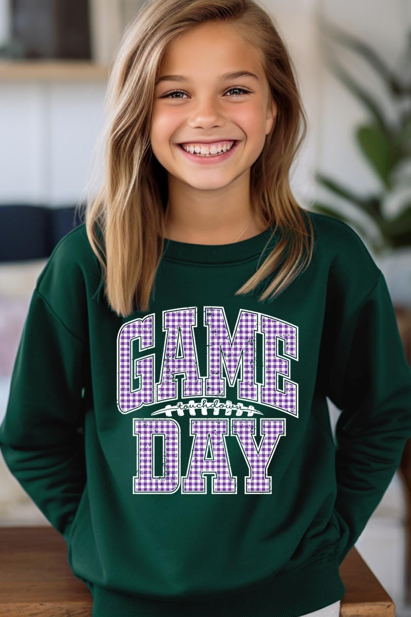 UL180B-E3127Z Purple Gingham Game Day Kids Graphic Sweatshirt $20