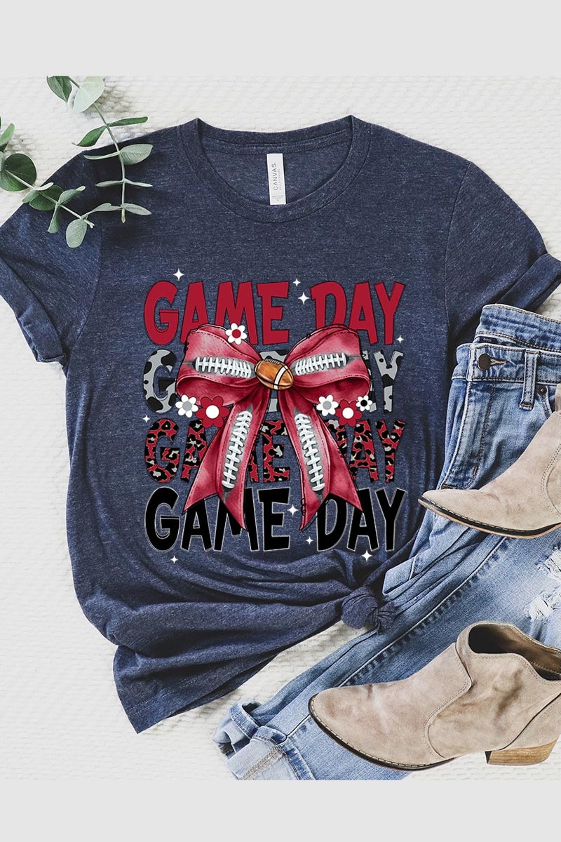 US3001-E3093 Red Silver Football Game Day Bow Graphic Tee $12.5
