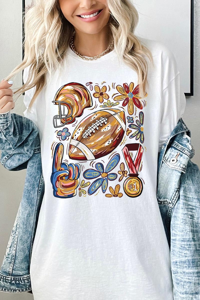 5000P-E3072 Retro Floral Football Graphic Plus Heavy Cotton Tee $12.75
