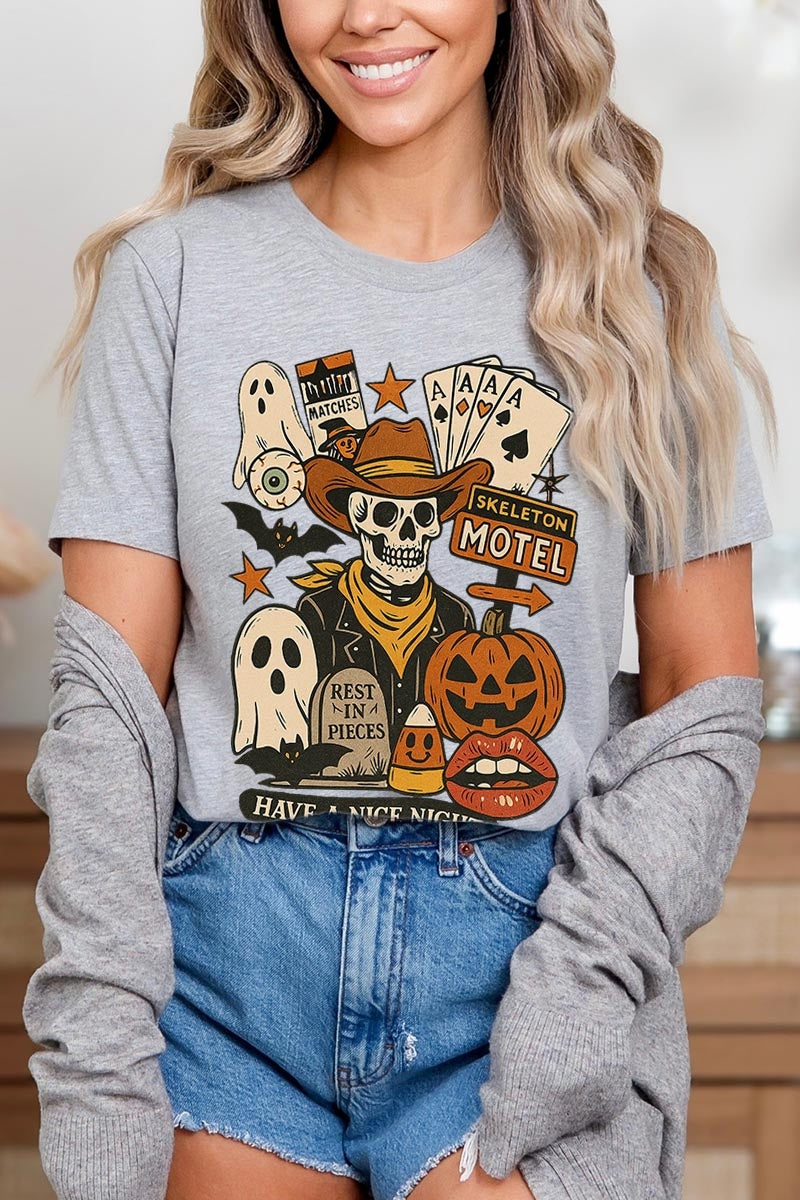 US3001-E3107 Spooky Western Skeleton Graphic Tee $12.5