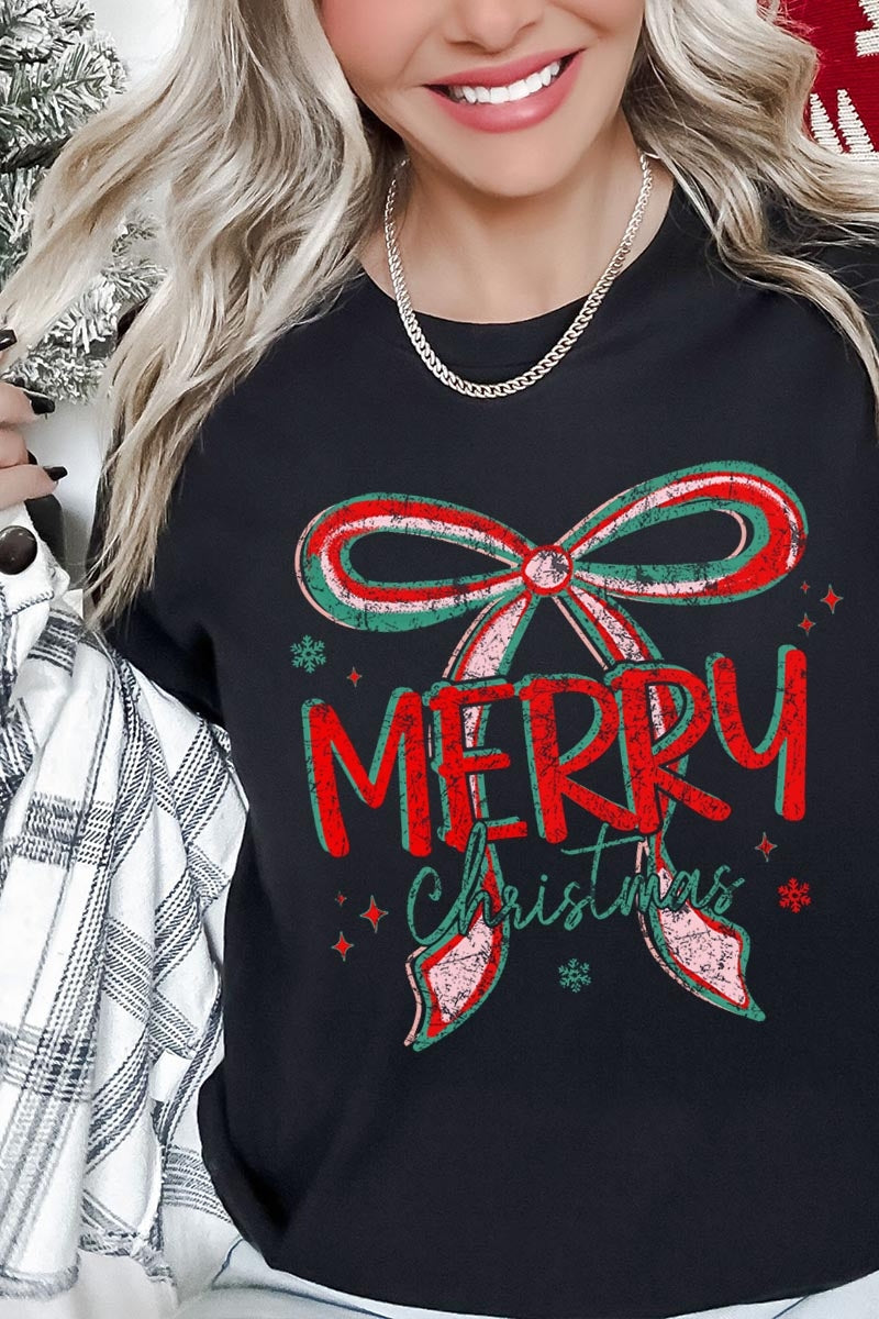 US3001-E3197 Merry Christmas Bow Graphic Tee $12.5