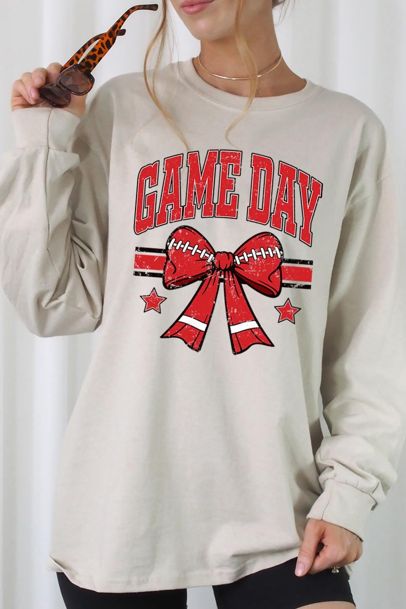 UL240-E3062 Red Game Day Football Bow Graphic Long Sleeve Tee $13.75