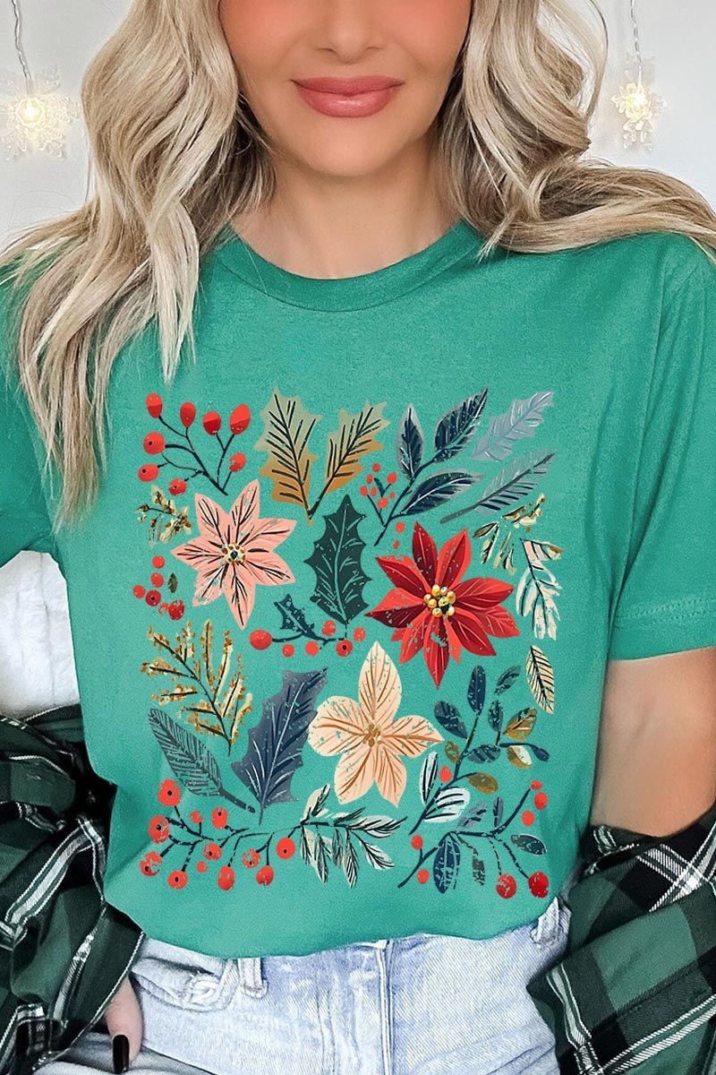 US3001-E3186 Floral Christmas Graphic Tee $12.5