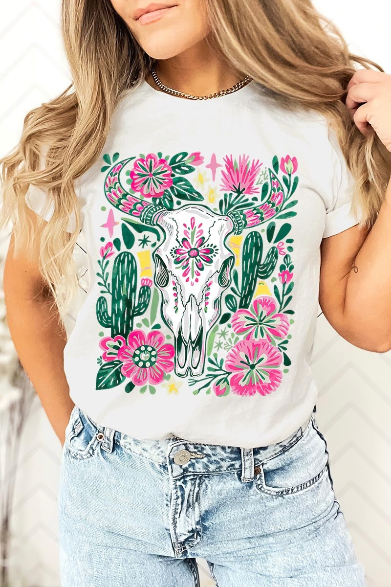 US3001-E3086 Western Floral Cow Skull Graphic Tee $12.5
