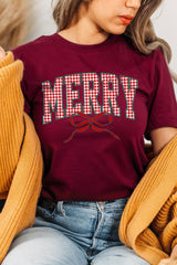 US3001-E3206 Plaid Merry Christmas Bow Graphic Tee $12.5