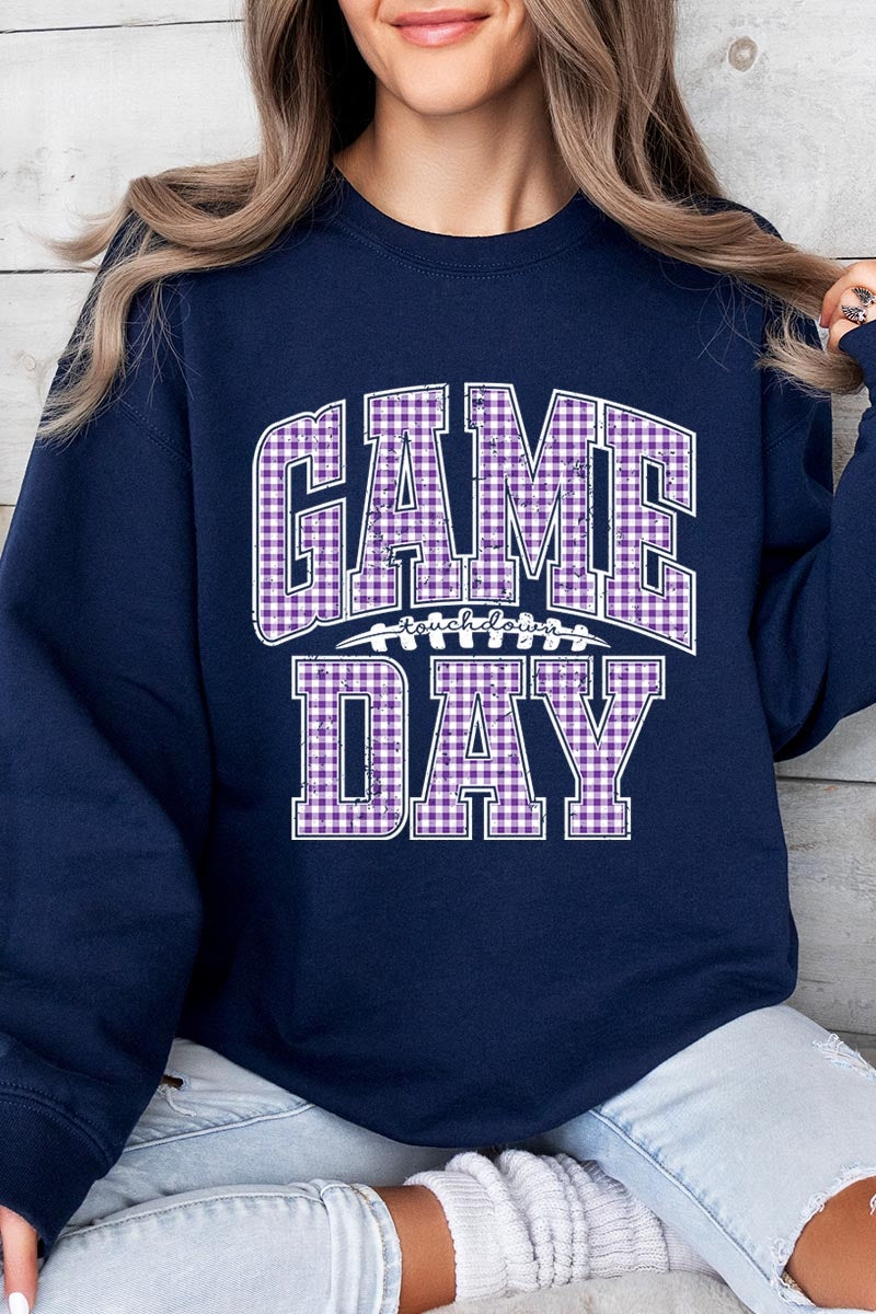 UL180-E3127 Purple Gingham Game Day Graphic Sweatshirt $20