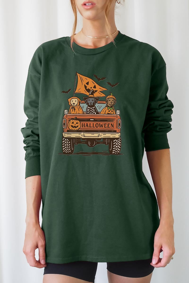 UL240P-E3150 Halloween Truck Dogs Graphic Plus Long Sleeve Tee $17