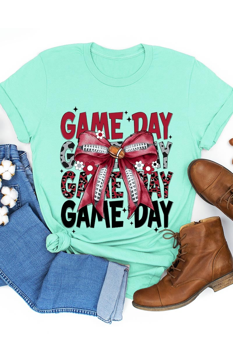 US3001-E3093 Red Silver Football Game Day Bow Graphic Tee $12.5