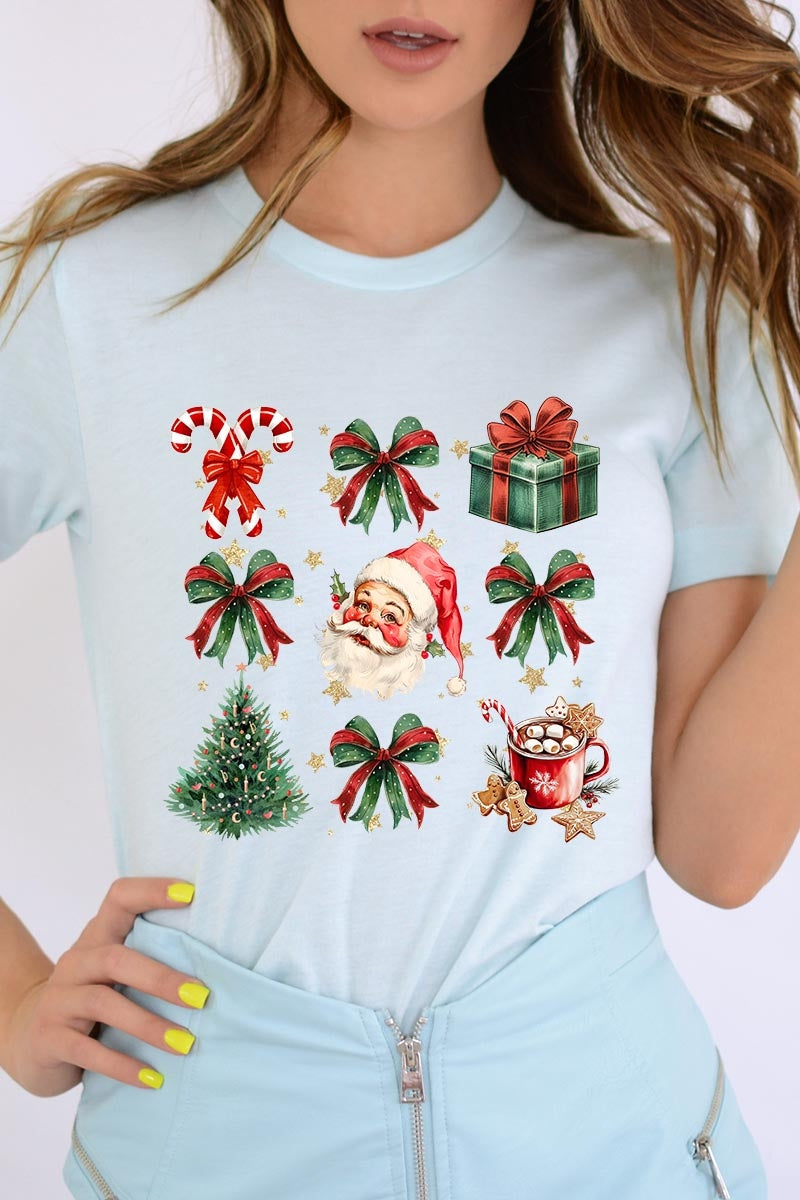 US3001-E3217 Santa Gifts & Bows Christmas Graphic Tee $12.5