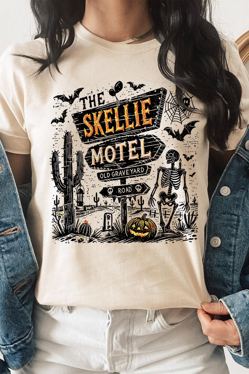 US3001-E3108 Skellie Motel Halloween Graphic Tee $12.5