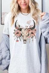 5000-E3113 Western Skull Floral Graphic Heavy Cotton Tee $9