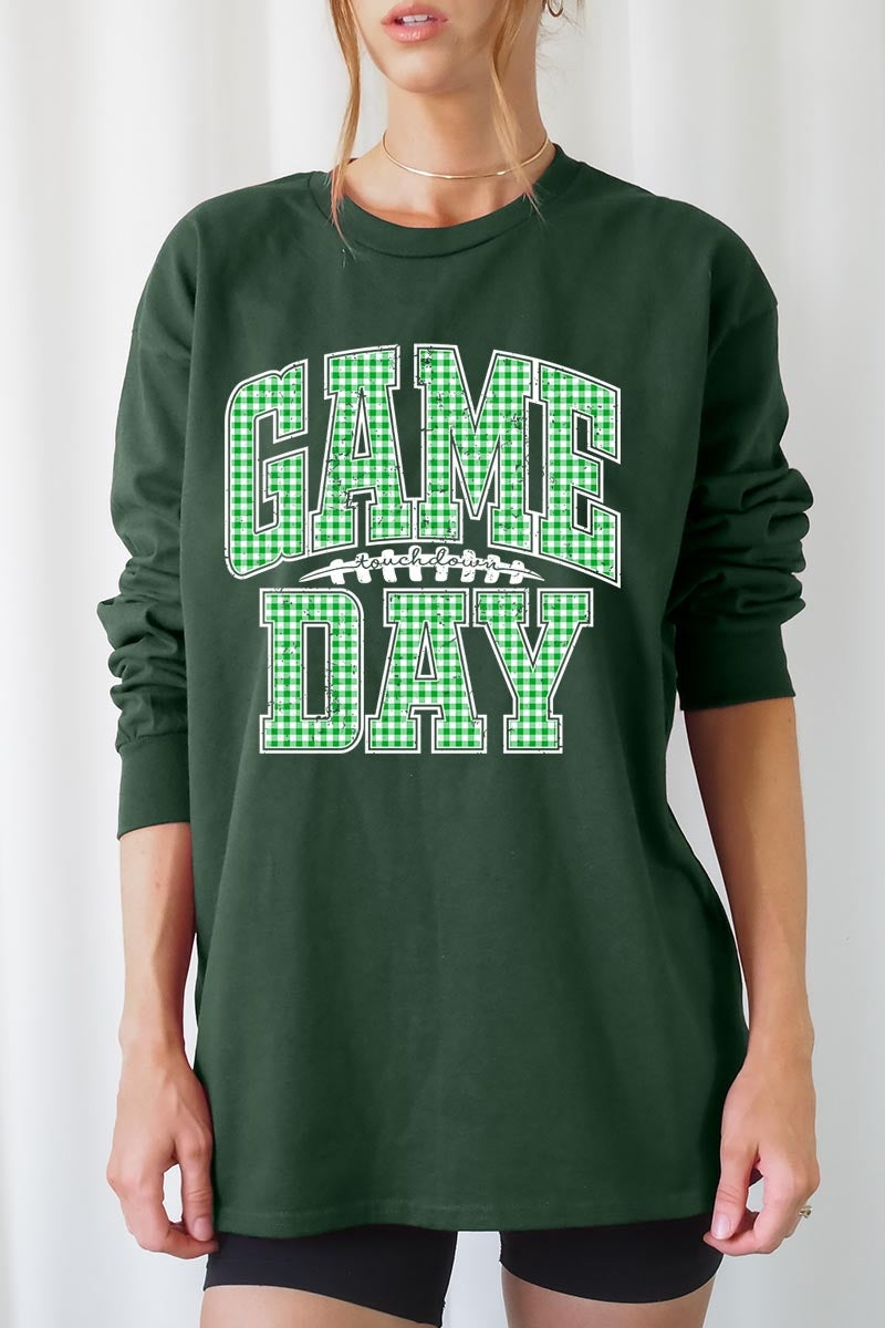 UL240-E3128 Green Gingham Game Day Graphic Long Sleeve Tee $13.75