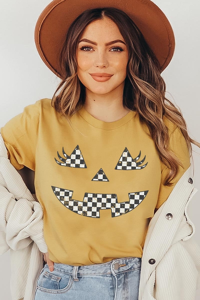US3001-E3149 Checker Pumpkin Face Graphic Tee $12.5