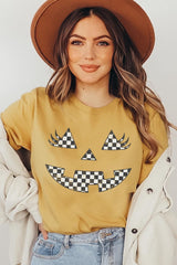 US3001-E3149 Checker Pumpkin Face Graphic Tee $12.5