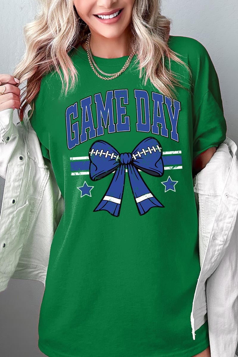 5000P-E3065 Blue Football Bow Graphic Plus Heavy Cotton Tee $12.75