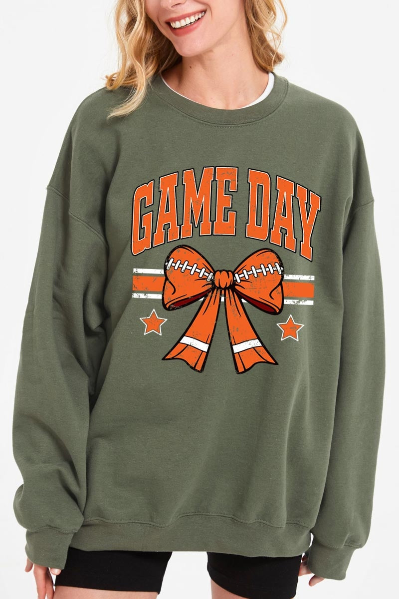 UL180P-E3064 Orange Game Day Football Bow Plus Sweatshirt $25