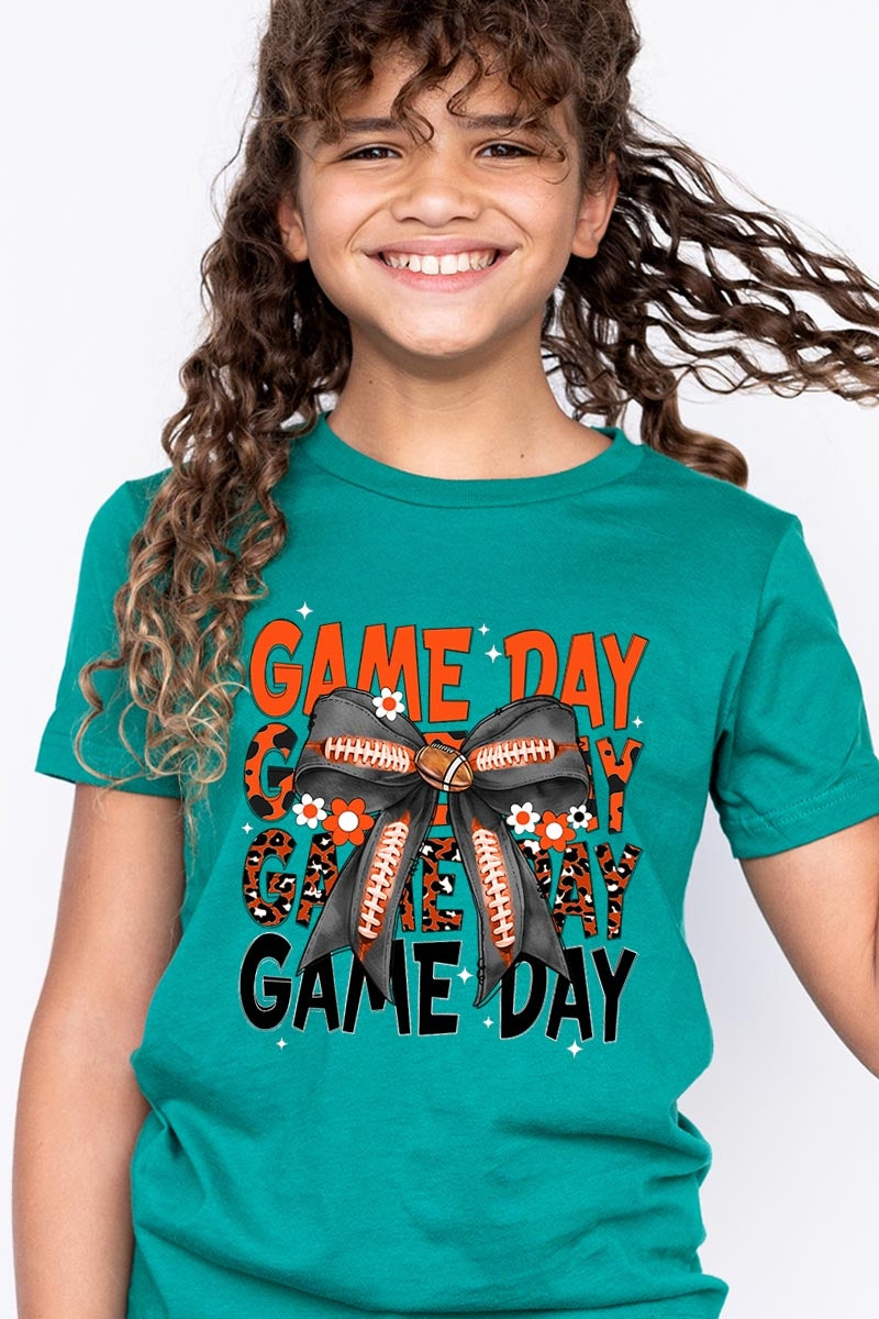US3001Y-E3088Z Orange Black Football Game Day Bow Kids Tee $11