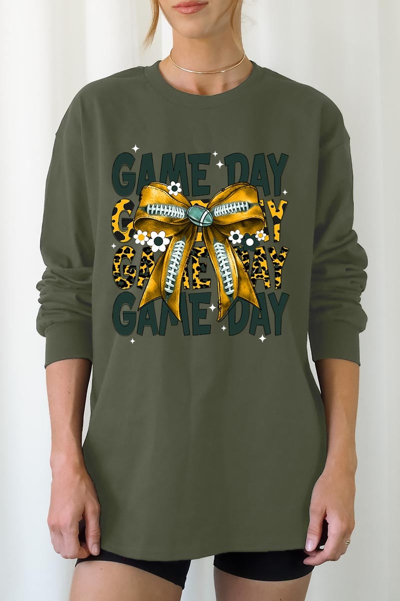 UL240P-E3090 Yellow Football Game Day Bow Plus Long Sleeve Tee $17