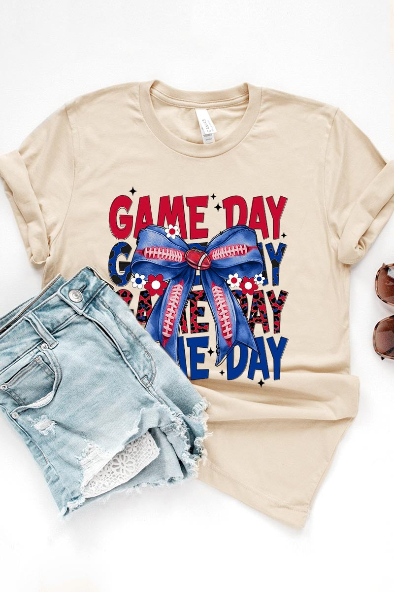 US3001-E3087 Red Blue Football Game Day Bow Graphic Tee $12.5
