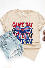 US3001-E3087 Red Blue Football Game Day Bow Graphic Tee $12.5