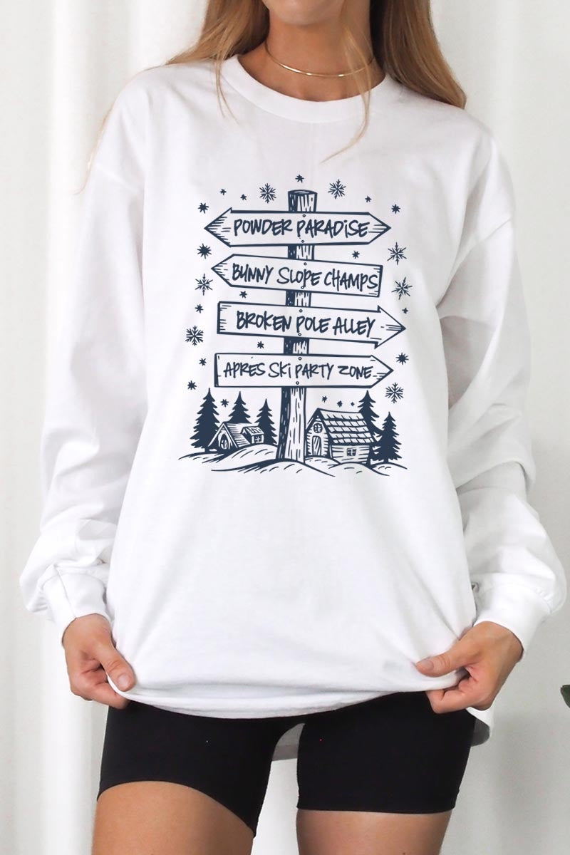 UL240P-E3189 Ski Lodge Signs Graphic Plus Long Sleeve Tee $17