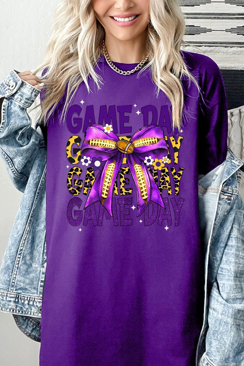 5000P-E3092 Purple Yellow Football Bow Plus Heavy Cotton Tee $12.75