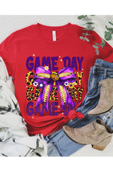 US3001-E3092 Purple Yellow Football Game Day Bow Graphic Tee $12.5