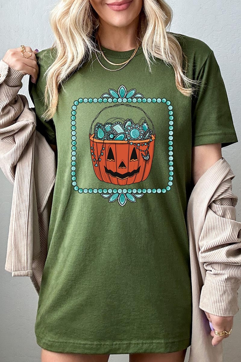 US3001-E3140 Halloween turquoise pumpkin Graphic Tee $12.5