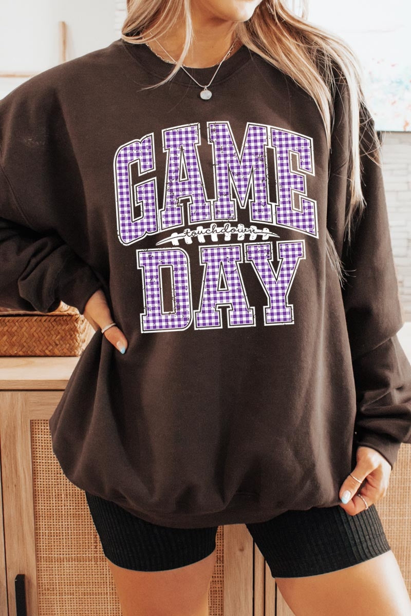 UL180-E3127 Purple Gingham Game Day Graphic Sweatshirt $20