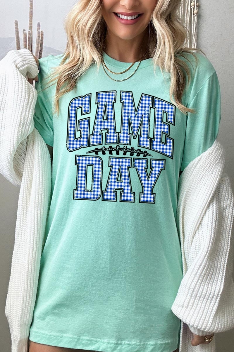 US3001-E3130 Blue Gingham Game Day Graphic Tee $12.5